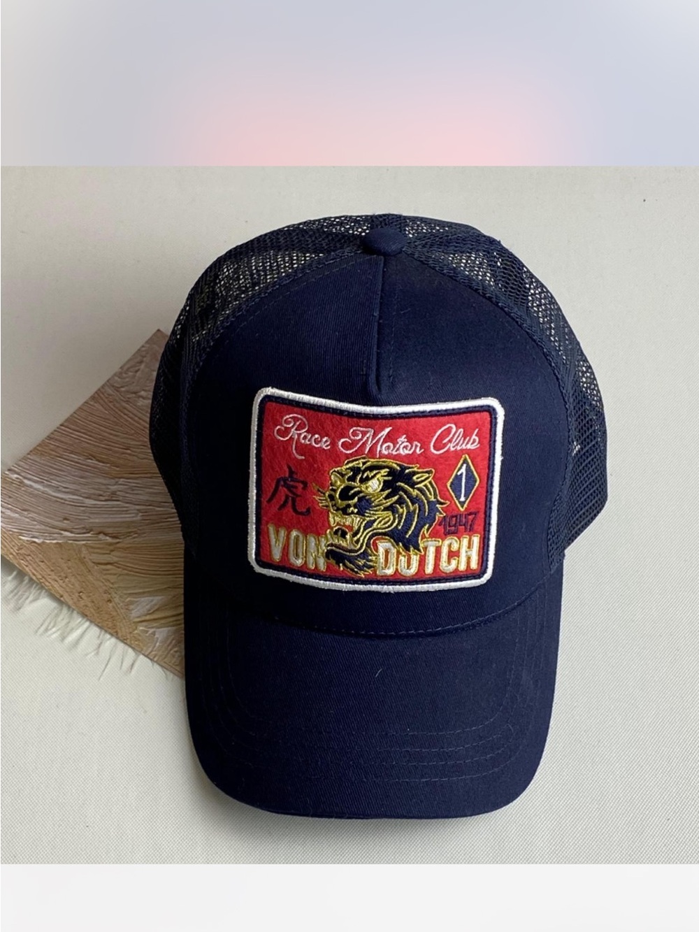 Von Dutch Navy Trucker Hat with Red & Yellow Patch